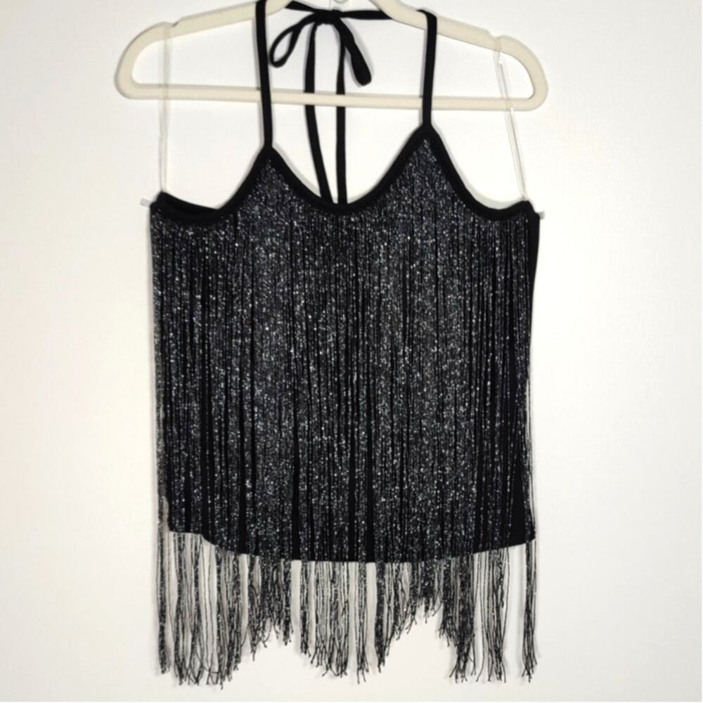 Black Fringe Halter Tank‎ Top 1X Western Festival Coachella Y2K Glam